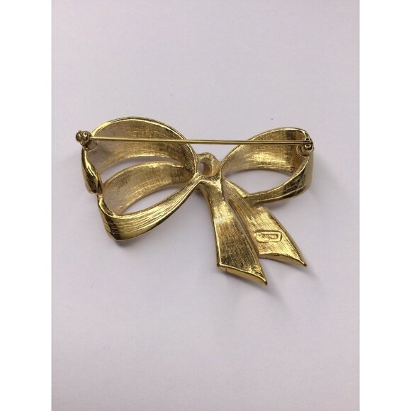 Vintage Avon Gold Tone Rhinestone Brooch Pin Ribbon Bow Designer Jewelry - Picture 3 of 9